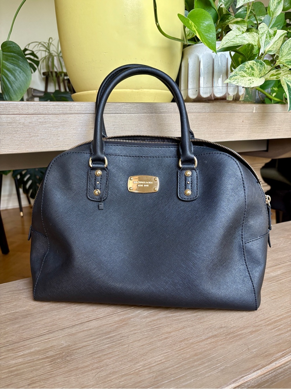 Michael Kors Black Saffiano Dome Satchel with Gold Hardware